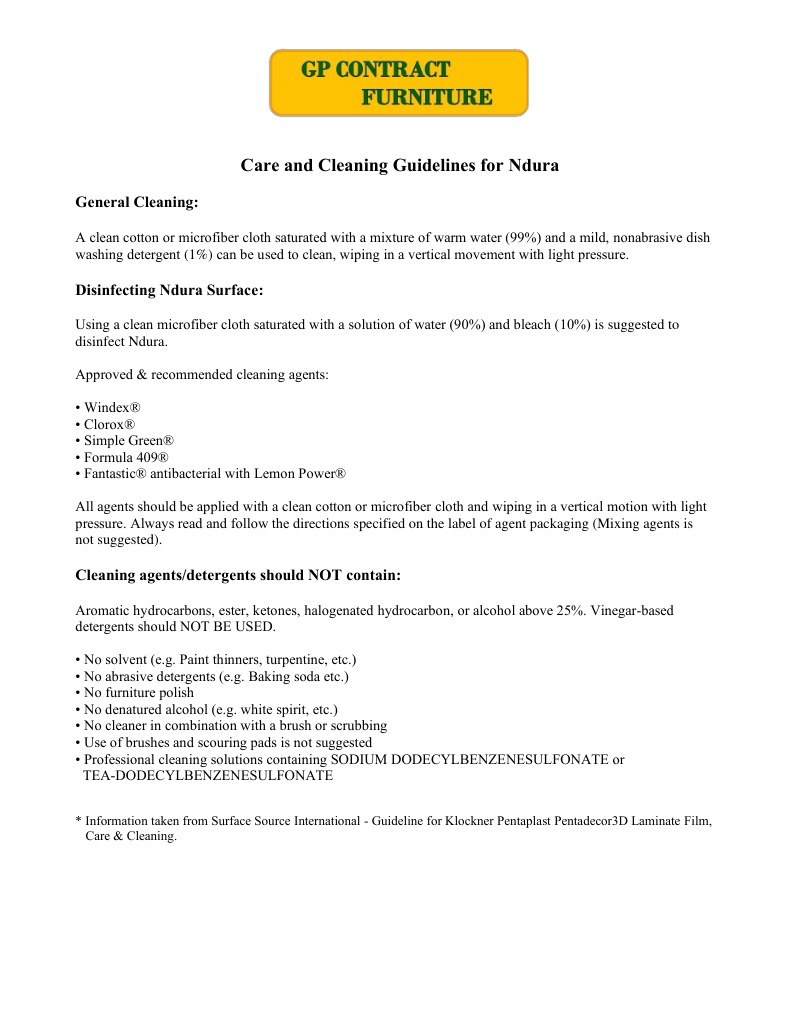 Care and Cleaning Ndura - GP Contract Furniture GP Contract Furniture care and cleaning guidelines for Ndura laminate tops